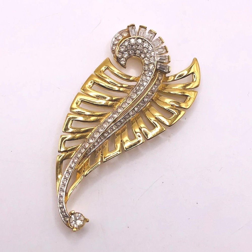 Vintage Nina Ricci Brooch Rhinestones Gold Tone Leaf 3" Classic Collectible